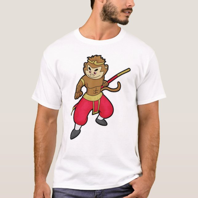 Monkey as Warrior with Staff & Headband T-Shirt (Front)