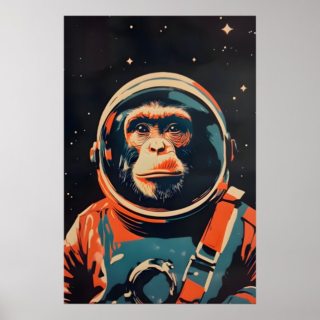 Monkey Astronaut Poster, Monkey Retro Print (Front)