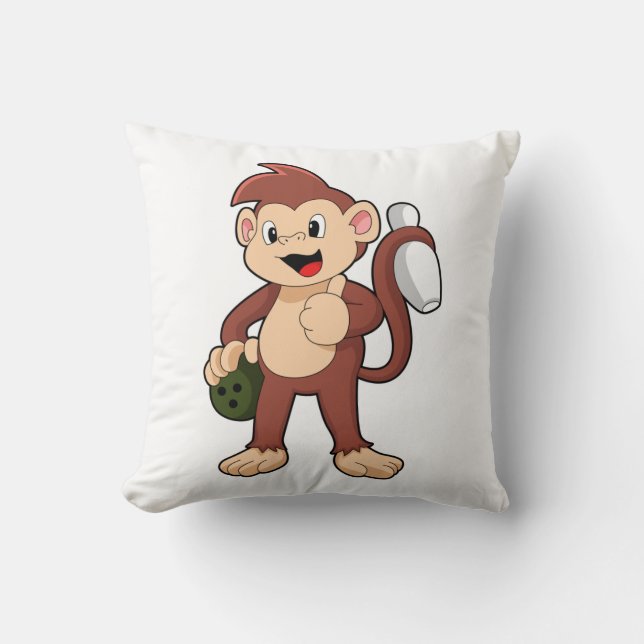 Monkey at Bowling with Bowling ball Throw Pillow (Front)