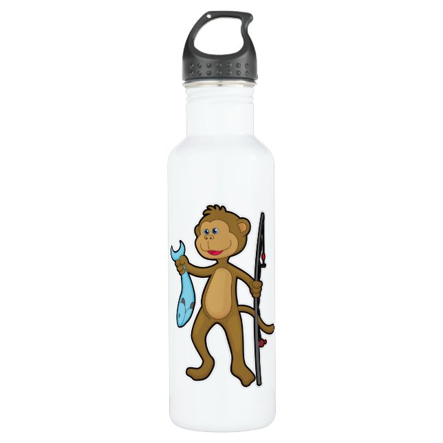 Monkey at Fishing with Fishing rod & Fish 710 Ml Water Bottle (Front)