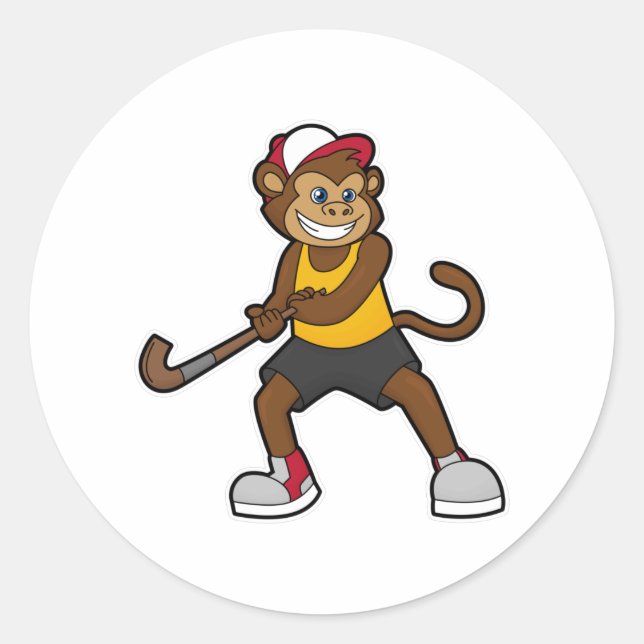 Monkey at Hockey with Hockey stick Classic Round Sticker (Front)