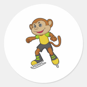 Monkey at Ice skating with Ice skates Classic Round Sticker