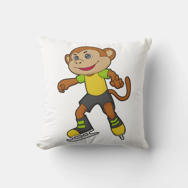 Monkey at Ice skating with Ice skates Throw Pillow (Front)