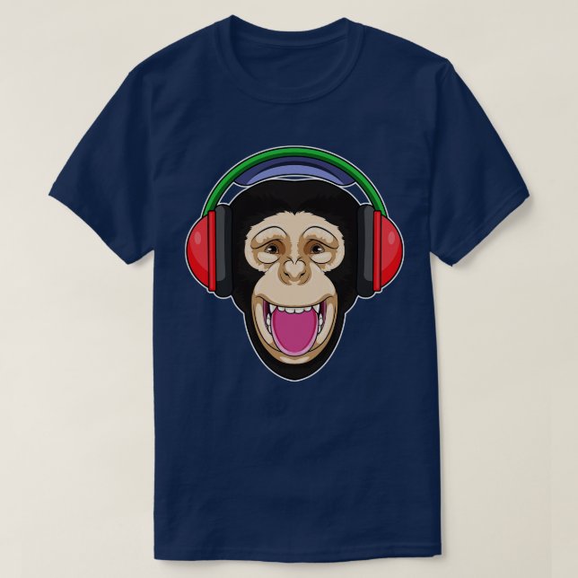 Monkey at Music with Headphone T-Shirt (Design Front)