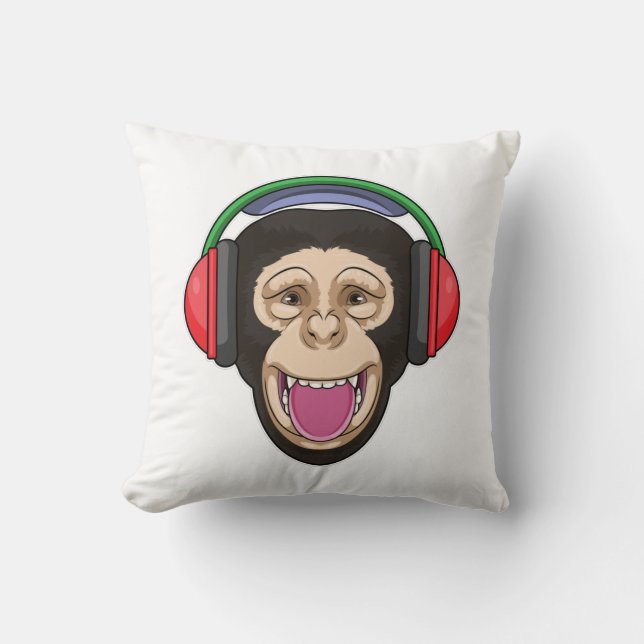 Monkey at Music with Headphone Throw Pillow (Front)