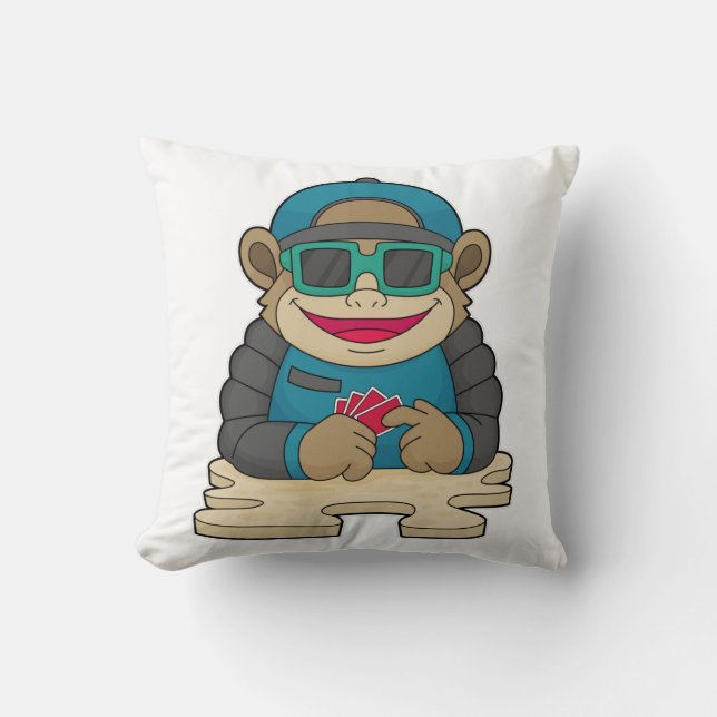 Monkey at Poker with Poker cards & Sunglasses Throw Pillow (Front)