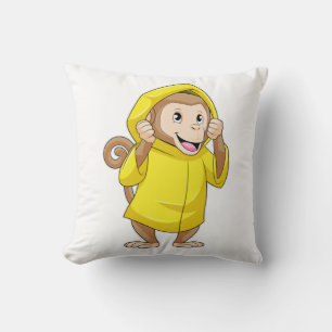 Monkey at Raining with Raincoat Throw Pillow