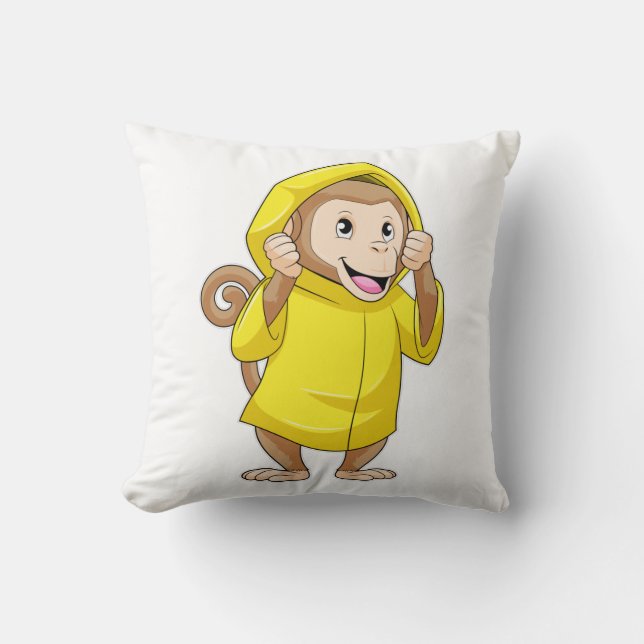 Monkey at Raining with Raincoat Throw Pillow (Front)