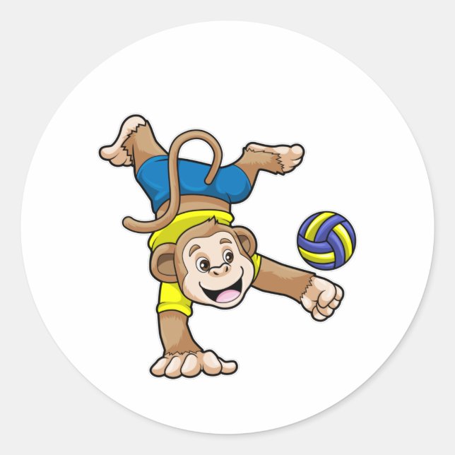 Monkey at Sports with Volleyball Classic Round Sticker (Front)
