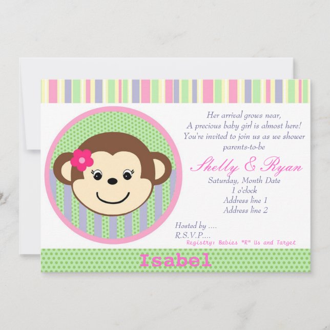 Monkey Baby Girl Shower Invitation (Front)