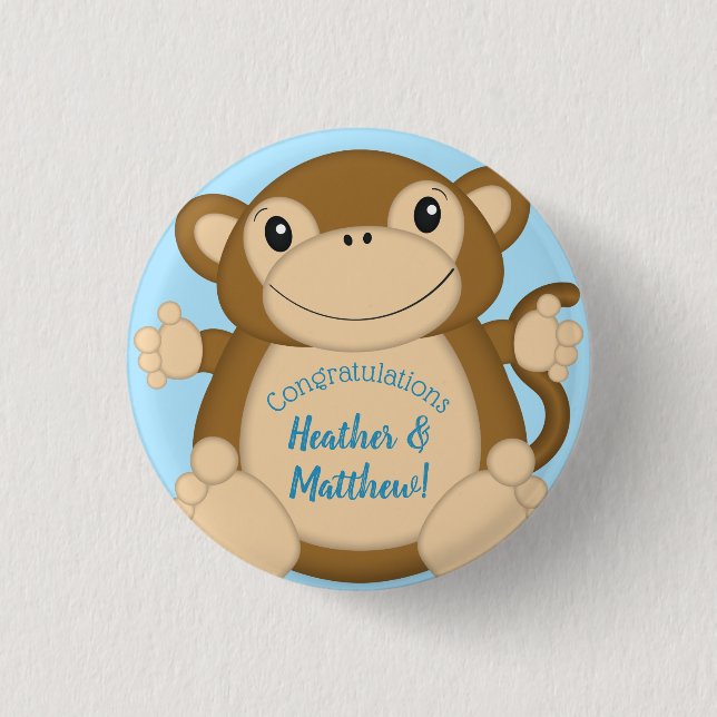 Monkey Baby Shower Blue 1 Inch Round Button (Front)