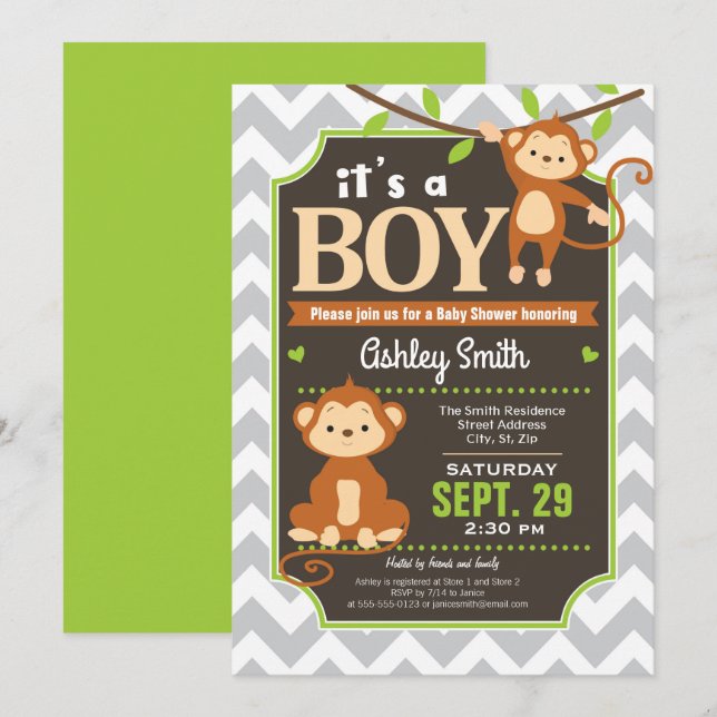 Monkey Baby Shower Invitation Boy (Front/Back)