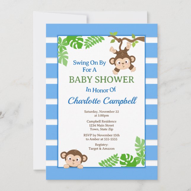 Monkey Baby Shower Invitation, Monkey Boy Invitati Invitation (Front)