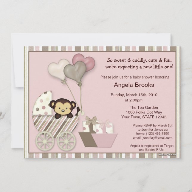 Monkey Baby Shower Invitation PINK (Front)