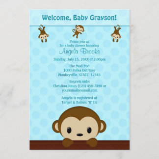 MONKEY Baby Shower invitation Polka Dot BLUE MPP3