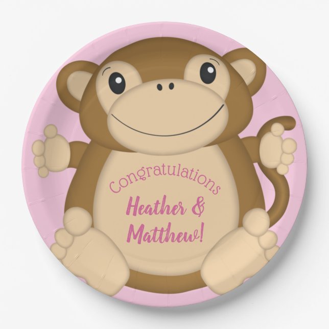 Monkey Baby Shower Pink Paper Plate (Front)