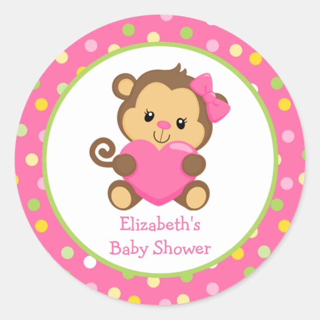 Monkey Baby Shower Sticker, Pink and Green Classic Round Sticker (Front)