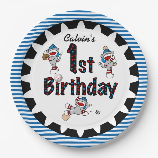 Monkey Baseball 1st Happy Birthday Paper Plates (Front)