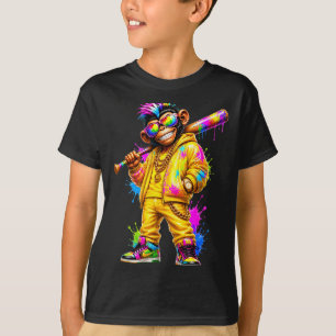 Monkey Baseball Drip Funny Animal Party Sport Cool T-Shirt