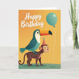 Monkey Bird Party Birthday Card