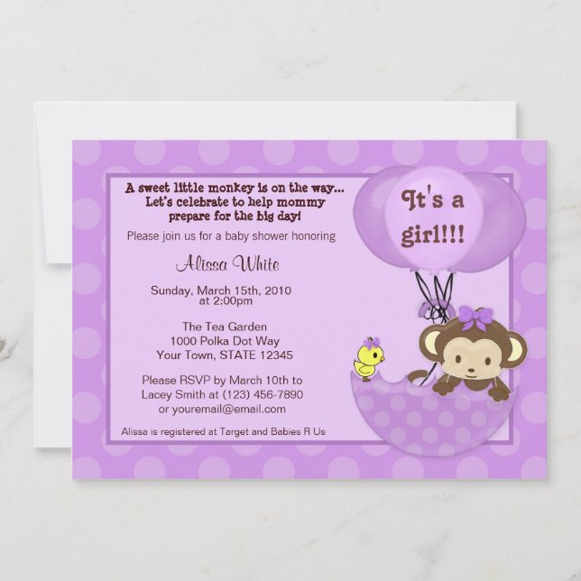 Monkey Birdie Umbrella Baby Shower Invitation (Front)
