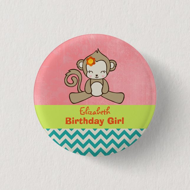 Monkey Birthday Girl Cute Kawaii 1 Inch Round Button (Front)