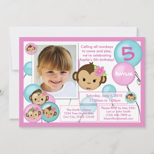 Monkey birthday invitation pink blue (photo) (Front)