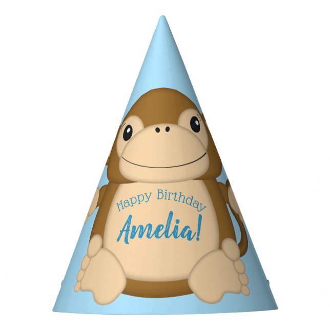 Monkey Birthday Party Blue Party Hat (Front)