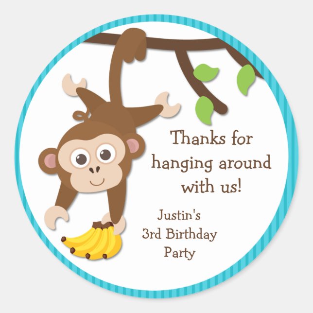 Monkey Birthday Party Thank You Stickers (Front)