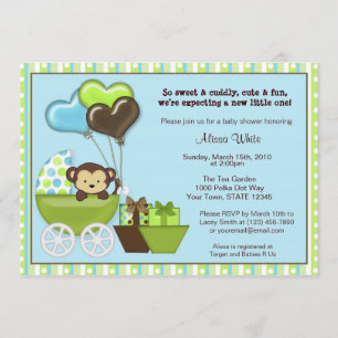 Monkey Carriage Baby Shower Invitation BLUE GREEN