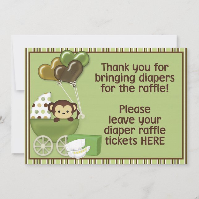 Monkey Carriage Grn Baby Shower Diaper Raffle Sign Invitation (Front)