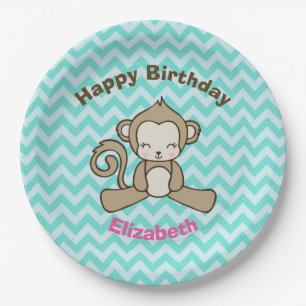 Monkey Cartoon Cute Kawaii Happy Birthday Paper Plate