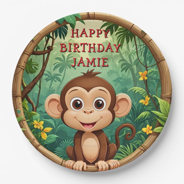 "Monkey Cartoon Party – Custom Text Kids" Paper Plate (Front)