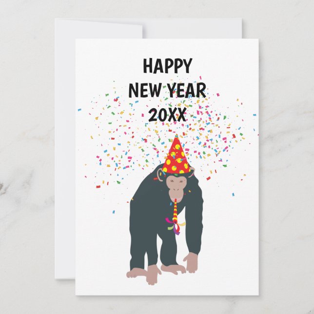 Monkey Chimpanzee Partying Animals New Year Party Holiday Card (Front)
