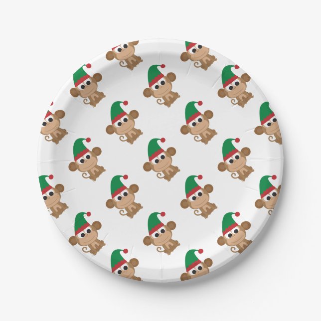 Monkey Christmas Elf Paper Plate (Front)