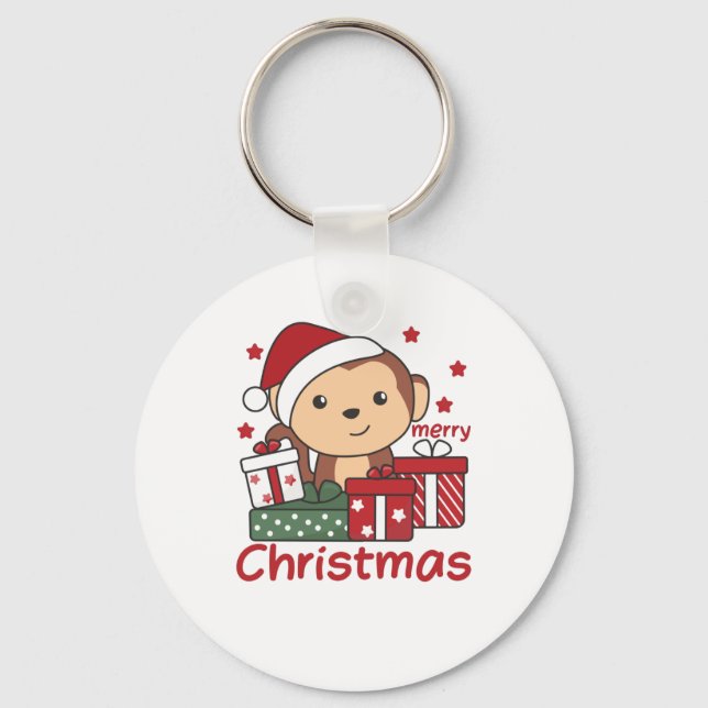 Monkey Christmas Gift Winter Animals Monkeys Keychain (Front)