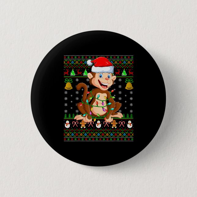 Monkey Christmas Lights Funny Monkey Ugly Sweaters 2 Inch Round Button (Front)