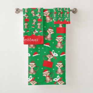 Monkey Christmas Pattern Santa Hat Red Green Bath Towel Set