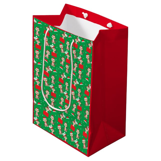 Monkey Christmas Present Pattern Green Red Medium Gift Bag (Front Angled)