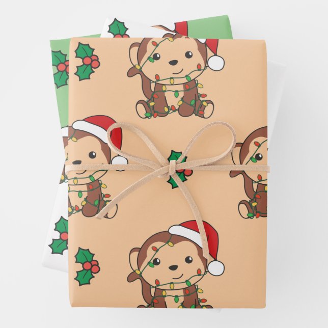 Monkey Christmas Winter Animals Holiday Monkeys Wrapping Paper Sheet (In situ)