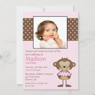 Monkey Cupcake Photo Birthday Invitation