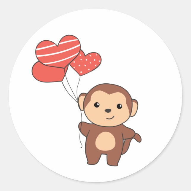 Monkey Cute Animals With Heart Balloons valentine  Classic Round Sticker (Front)