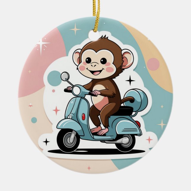 Monkey driving a scooter ceramic ornament (Front)