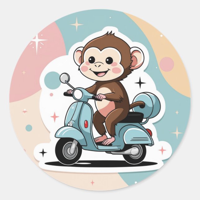 Monkey driving a scooter classic round sticker (Front)