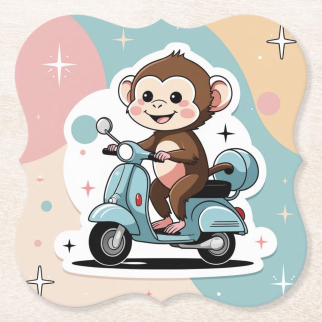Monkey driving a scooter paper coaster (Front)