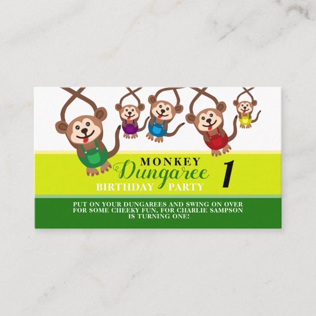 Monkey Dungaree, Children's Birthday Party Ticket Enclosure Card (Front)