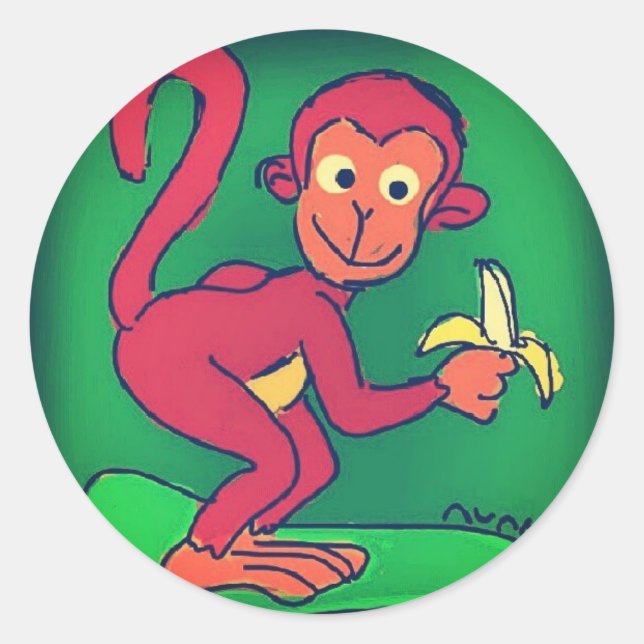 Monkey Eating Banana Classic Round Sticker (Front)