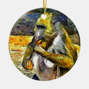 Monkey eating ceramic ornament