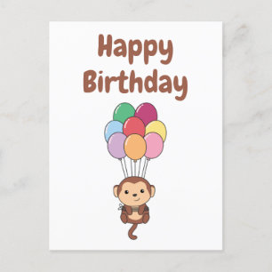 Monkey Flies Up With Colourful Balloons Card