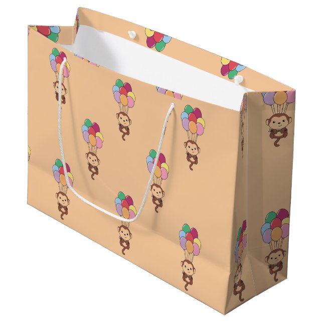Monkey Flies Up With Colourful Balloons Card Large Gift Bag (Front Angled)